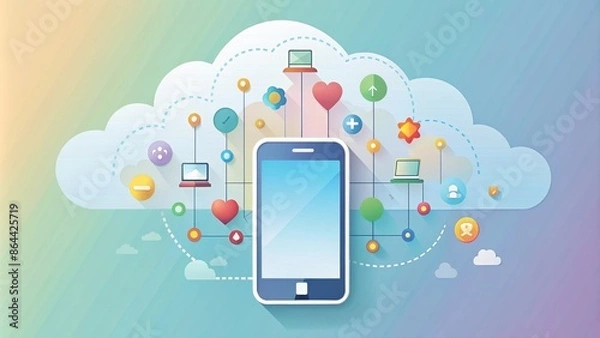 Fototapeta Mobile Phone Connected to Cloud with Various Icons - Vector Illustration