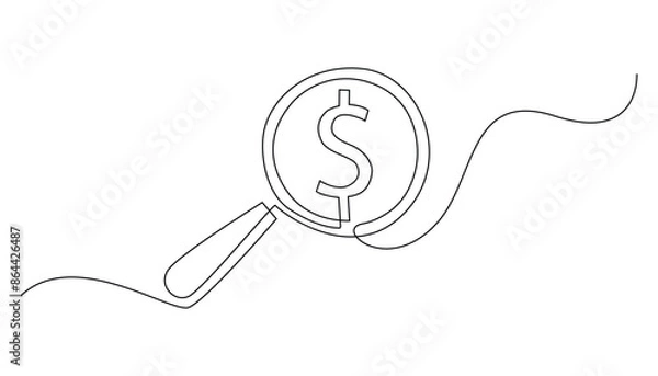 Fototapeta continuous line magnifying glass and dollar icon.line drawing of making money through business.single line vector .isolated white background