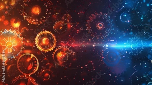 Fototapeta Futuristic Technology Background with Glowing Gears and Circuitry. Concept of Innovation, Engineering, and Digital Transformation