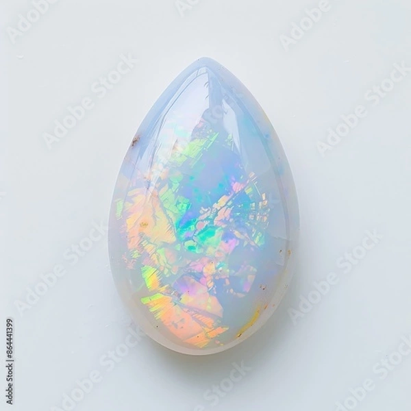 Fototapeta An iridescent opal gemstone, shaped like a teardrop, shimmers on a white background
