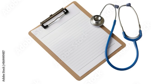 Obraz Stethoscope over medical clipboard, PNG file, transparent background, isolated on white