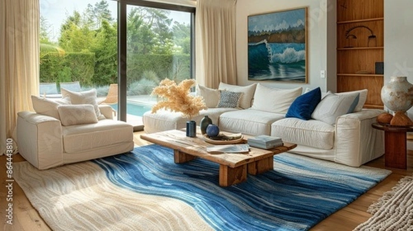 Fototapeta Ocean Waves Rug, cool blues and sandy browns, inspired by the ebb and flow of coastal waters, providing a sense of calm and serenity in any room Photography, backlighting, vignette effect