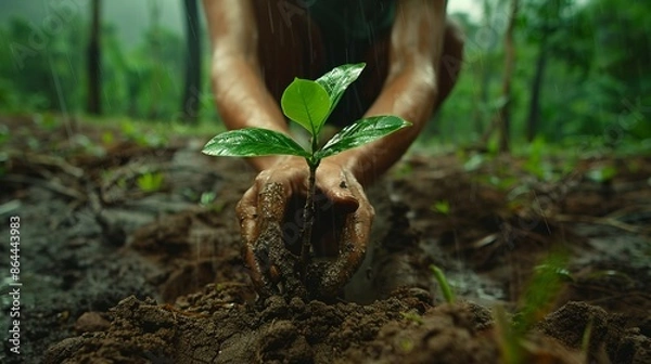 Fototapeta Tree planting, community effort, restoring forests, combating deforestation, rainy day, realistic painting, backlight, vignette