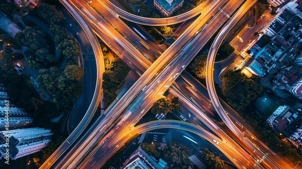 Fototapeta Aerial view of road highway intersection with busy urban traffic speeding on the road. Night time, long exposure photography