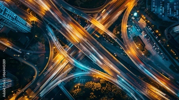 Fototapeta Aerial view of road highway intersection with busy urban traffic speeding on the road. Night time, long exposure photography