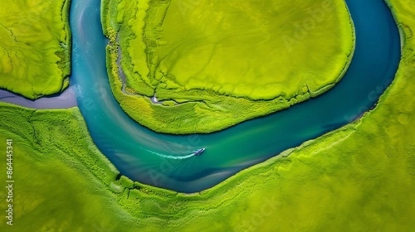 Fototapeta aerial view of blooming algae on green river