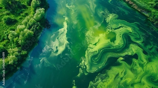 Fototapeta aerial view of blooming algae on green river