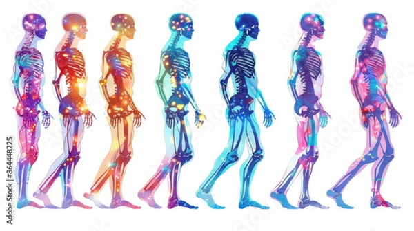 Obraz Evolution of human anatomy depicted through colorful, luminescent skeletal and muscular structures walking in sequence.
