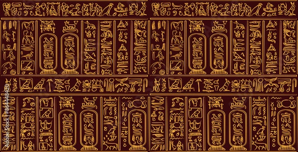Fototapeta Golden ancient egyptian hieroglyphs alphabet pattern over dark wine background. Ancient egyptian and ancient culture concept