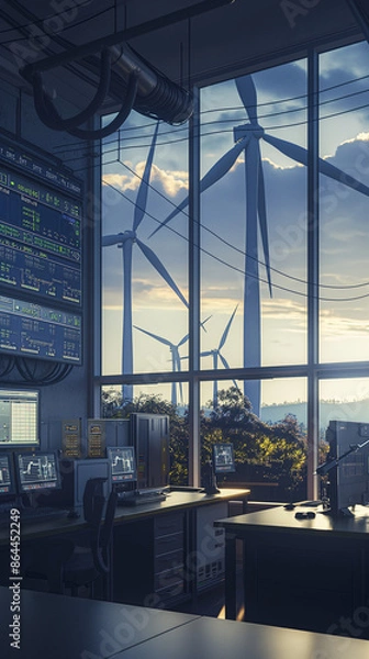 Fototapeta A hyper-realistic photograph of an expansive outdoor renewable energy facility, featuring large wind turbines and extensive solar panels. Inside a modern control room with large digital screens 