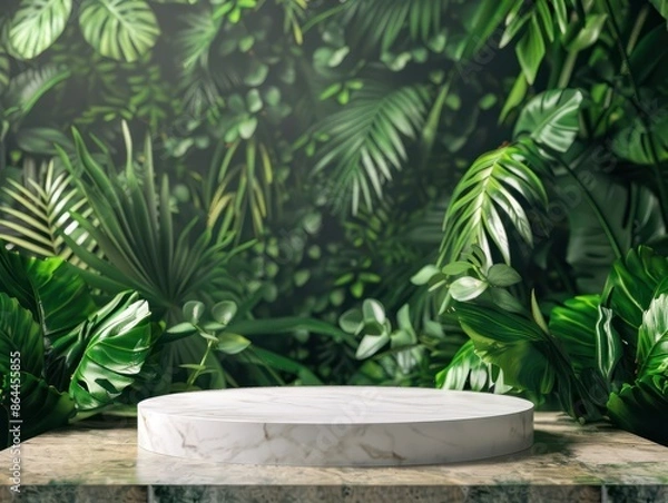 Fototapeta Podium background product green nature 3D forest stand white plant. Cosmetic background product podium display wood jungle studio garden beauty platform presentation mockup pedestal stone tropical