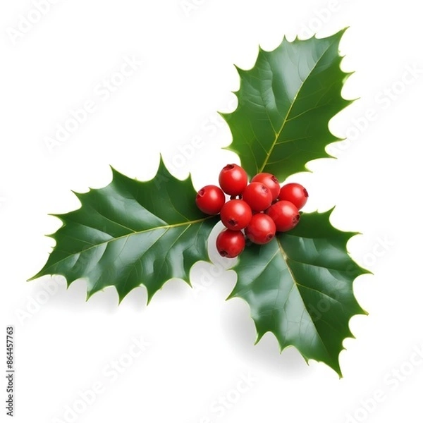 Obraz A sprig of holly with green leaves and red berries against a white background with copy space