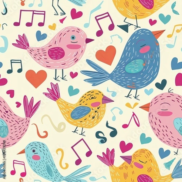 Fototapeta Colorful birds singing with music notes and hearts pattern.