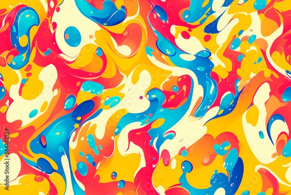 Fototapeta A vibrant and dynamic seamless pattern featuring multicolored swirls and splashes of red, yellow, blue, and white paint.