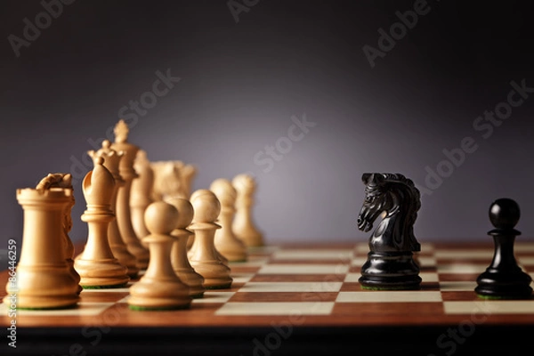 Fototapeta Black chess knight and pawn facing the entire army of white chess pieces on a wooden chessboard in focus