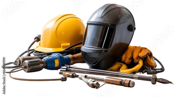 Obraz Welders workshop setup with welding mask and metal, PNG file, transparent background, isolated on white