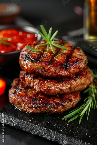 Fototapeta Hamburger cutlets cooked on the grill, vertical shot of juicy cutlets