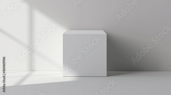 Fototapeta 3D render of a blank white cube on a light backdrop, ideal for design and advertising projects. Modern, minimalist geometric shape, highlighting simplicity and elegance