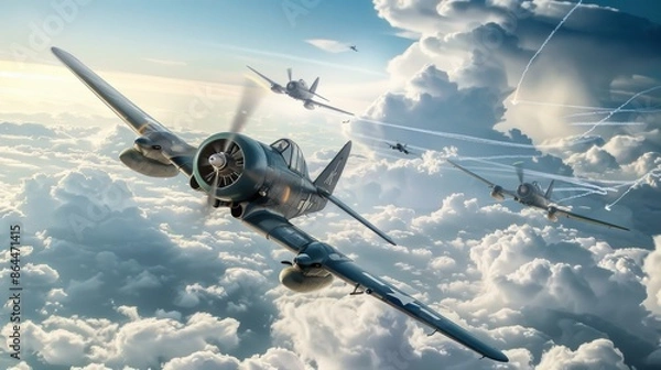 Fototapeta A nostalgic National Aviation Day poster featuring classic World War II fighter planes in a dramatic dogfight above the clouds.