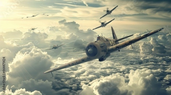 Fototapeta A nostalgic National Aviation Day poster featuring classic World War II fighter planes in a dramatic dogfight above the clouds.
