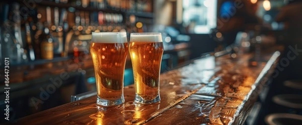 Fototapeta Two Glasses of Beer on a Wooden Table in a Pub