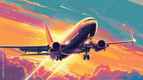 Fototapeta a vibrant poster for National Aviation Day, showcasing a modern jet taking off against the backdrop of a sunset.