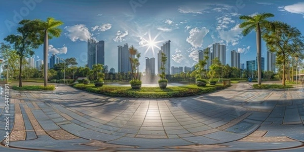 Fototapeta HDRI City Park with Modern Buildings 360° Panoramic view of a city park featuring a tiled walkway, lush greenery, and modern high-rise buildings under a bright blue sky with scattered clouds and a shi