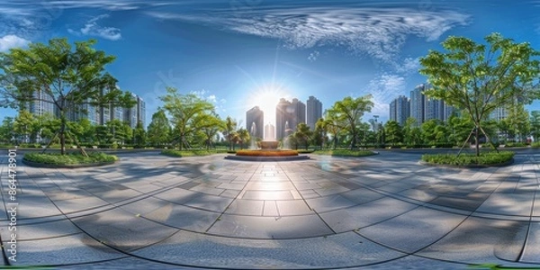 Fototapeta HDRI City Park with Modern Buildings 360 Panoramic view of a city park featuring a tiled walkway, lush greenery, and modern high-rise buildings under a bright blue sky 