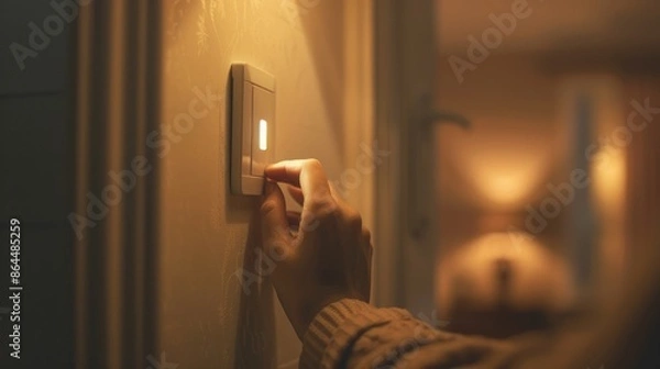 Fototapeta Closeup of a hand turning off a light switch in a softly lit room