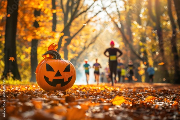 Fototapeta A carved Halloween pumpkin with a jack-o'-lantern face sits on a leaf-strewn forest path, while a runner in an orange shirt and black shorts is blurred in the background