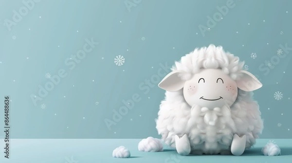 Obraz  A white sheep sits before a blue backdrop, adorned with snowflakes on its sides, beaming with a smile