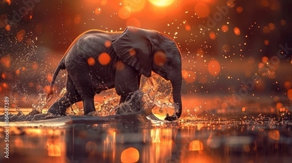 Fototapeta  An elephant stands in the water, trunk elevated, head submerged