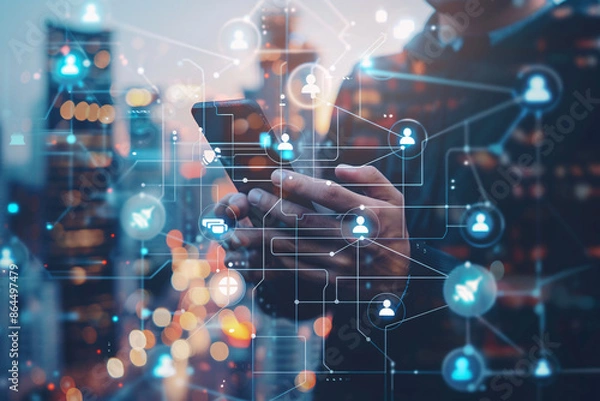 Fototapeta Close-up of hands holding a smartphone with digital network icons overlaid against an urban background