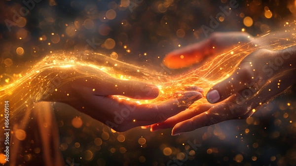 Obraz Witch laying hands on a person, radiant energy flowing between them, right third copy space