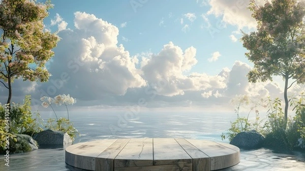 Fototapeta Wooden Platform by the Sea with Cloudy Sky
