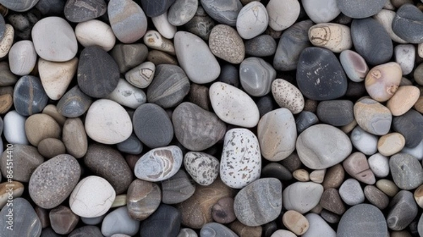 Fototapeta A close-up image of various smooth river rocks in shades of gray, brown, and white SEAMLESS PATTERN
