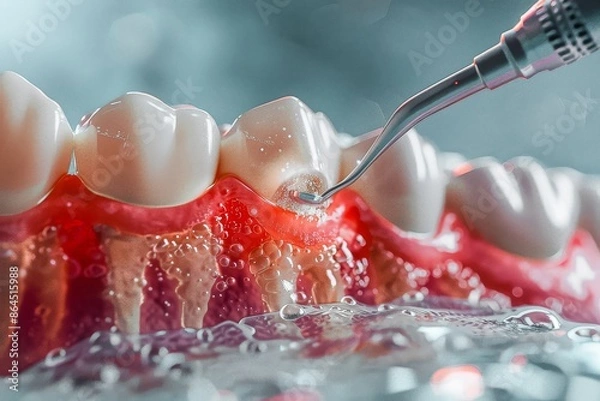 Obraz Close-up of dental cleaning with an ultrasonic scaler, focusing on plaque removal and oral hygiene