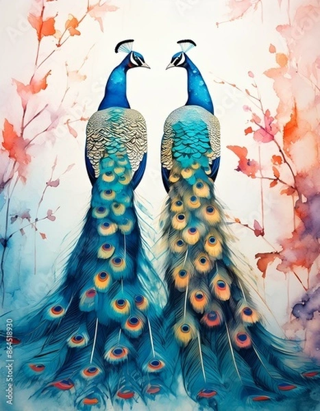 Fototapeta Beautiful peacocks on an abstract watercolor style. Decorative wallpaper.