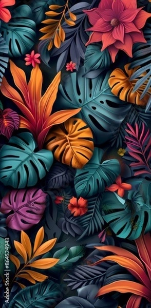 Fototapeta Abstract shapes and patterns featuring vibrant tropical leaves and flowers in a bold, colorful design