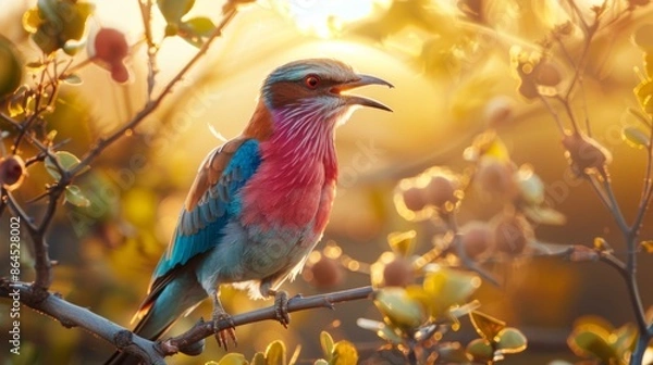 Fototapeta Lilac-Breasted Roller Vocalizing on a Branch.ai generative