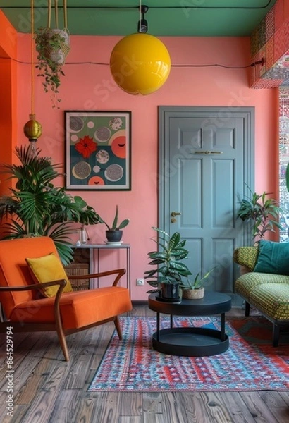 Fototapeta Modern apartment interior with vibrant colors and cozy decor elements