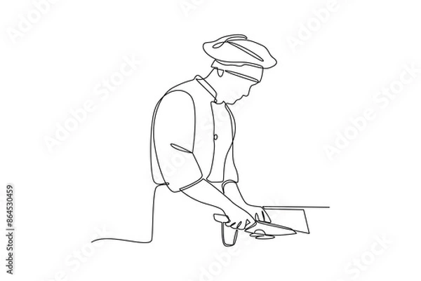 Fototapeta Continuous one line drawing of a chef is chopping onions. Healthy organic food concept single line draw graphic design vector illustration