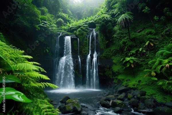 Fototapeta a waterfall in the middle of a lush green forest, captivating double waterfall tucked within a dense jungle