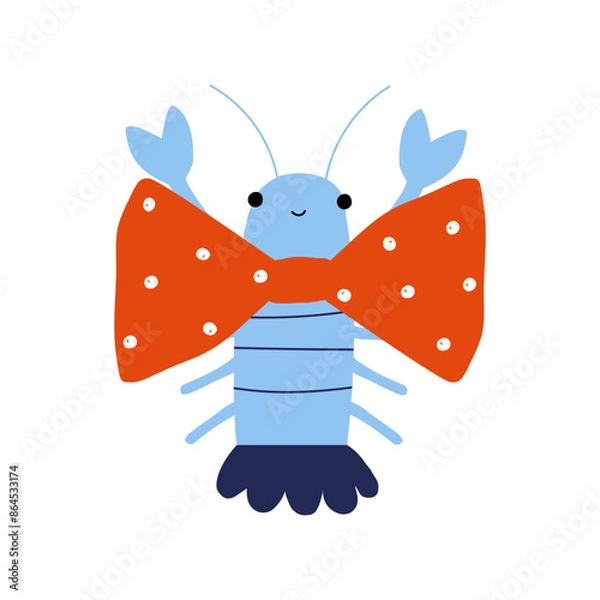 Fototapeta Funny crayfish with big red bow tie. Childish print. Vector hand drawn illustration.
