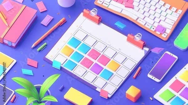 Obraz A desk with a colorful calendar, sticky notes, a smartphone, a keyboard, and other office supplies. Generative AI