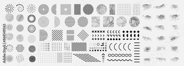 Obraz Vector illustration. Bundle of linear flat design elements for poster, book cover, frame, gift card, magazine. Simple minimalist line art wavy objects. Halftone dots, circle shapes, memphis pattern