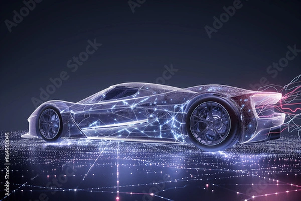 Fototapeta Side view of a futuristic sports car with a glowing network pattern. Concept of advanced automotive technology and digital connectivity.