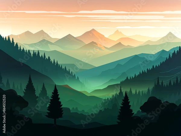 Fototapeta A mountain range with a large tree in the foreground. The sky is blue and the sun is setting