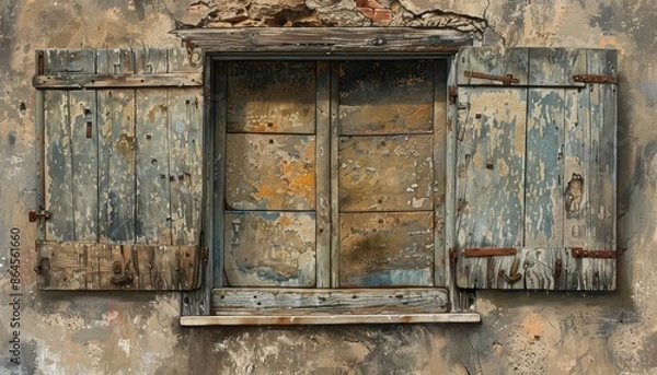 Fototapeta Rustic window with weathered shutters, earthy tones, detailed textures, realistic painting
