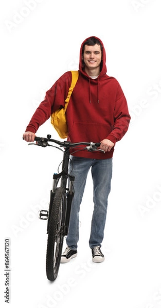 Fototapeta Smiling man with bicycle isolated on white